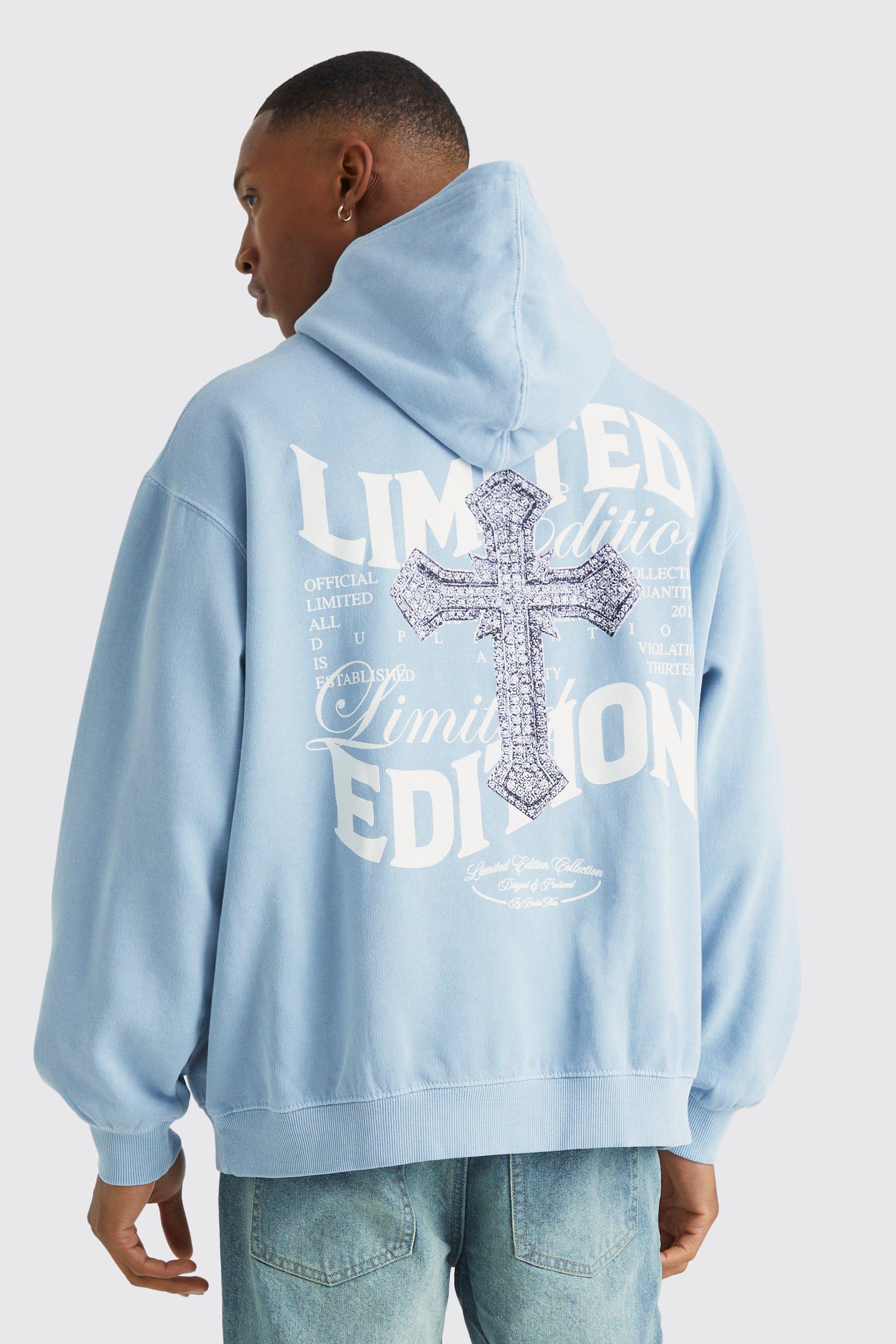 Mens Blue Oversized Boxy Overdye Cross Graphic Hoodie, Blue